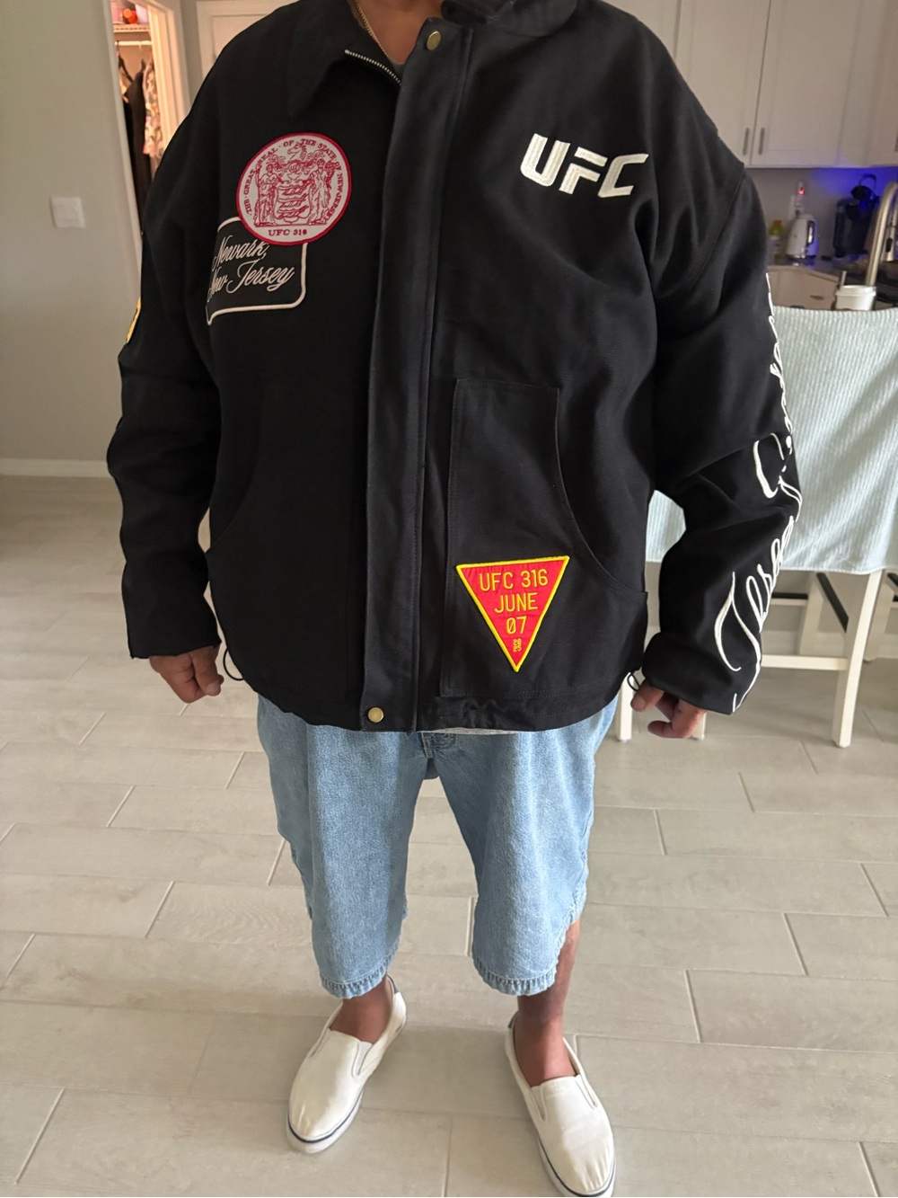 UFC 316 fight Bomber Jacket with White Logo and Red Patch